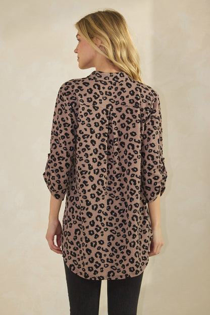 Button Sleeve Collar Animal Urban Rib Top (PREORDER)