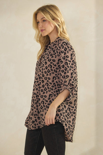 Button Sleeve Collar Animal Urban Rib Top (PREORDER)