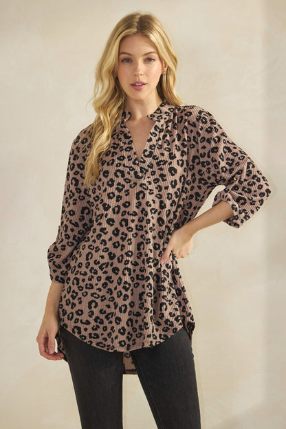 Button Sleeve Collar Animal Urban Rib Top (PREORDER)