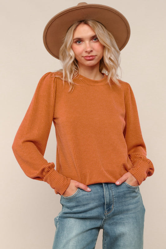 Solid Round Neck Washed Rib Knit Top - Rust (PREORDER)