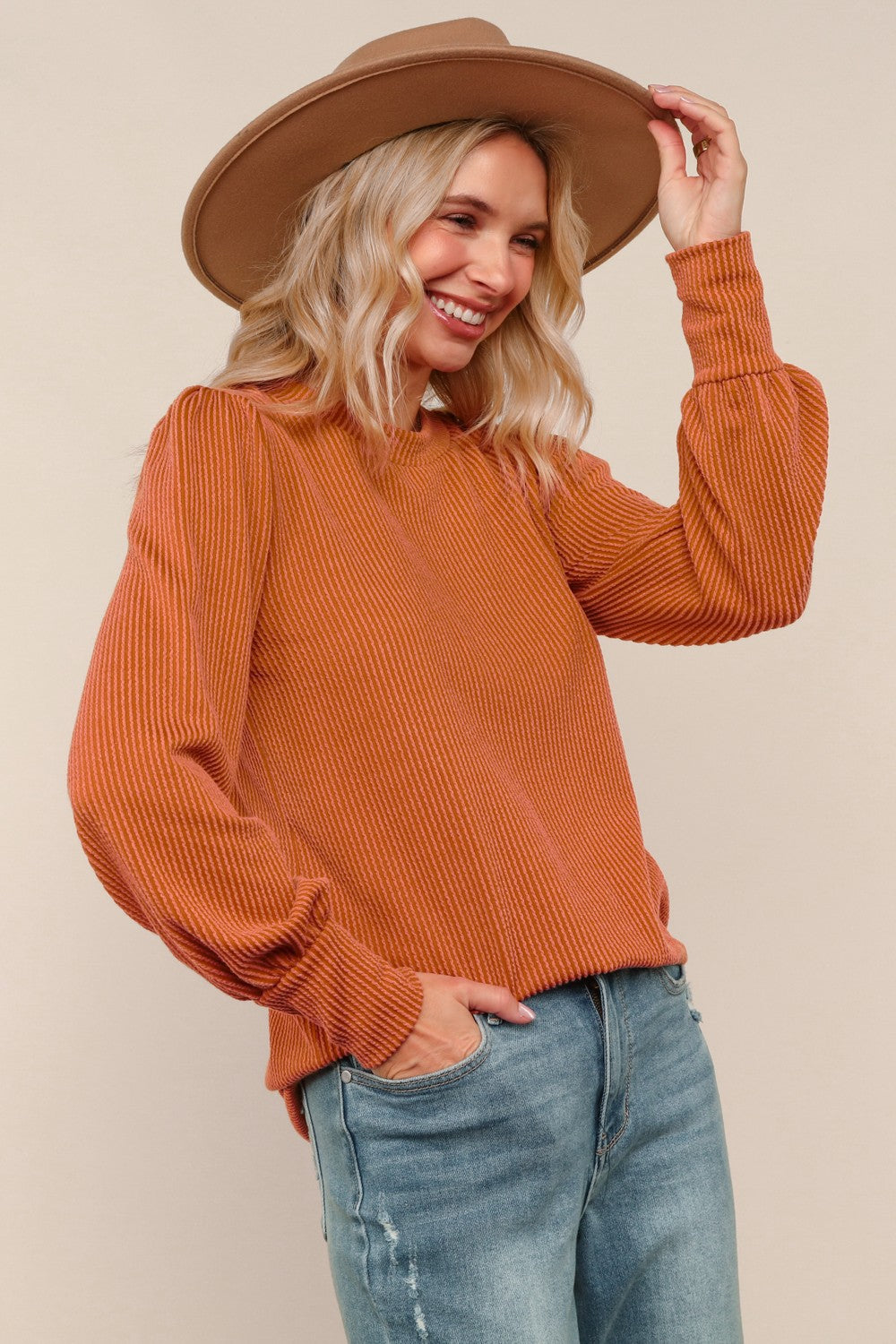 Solid Round Neck Washed Rib Knit Top - Rust (PREORDER)