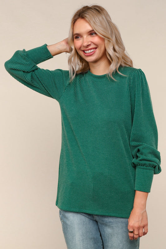 Solid Round Neck Washed Rib Knit Top - Hunter Green(PREORDER)