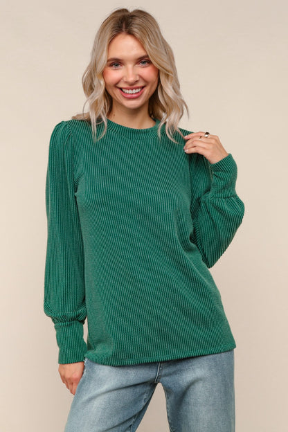 Solid Round Neck Washed Rib Knit Top - Hunter Green