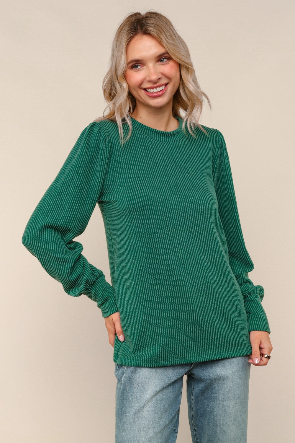 Solid Round Neck Washed Rib Knit Top - Hunter Green
