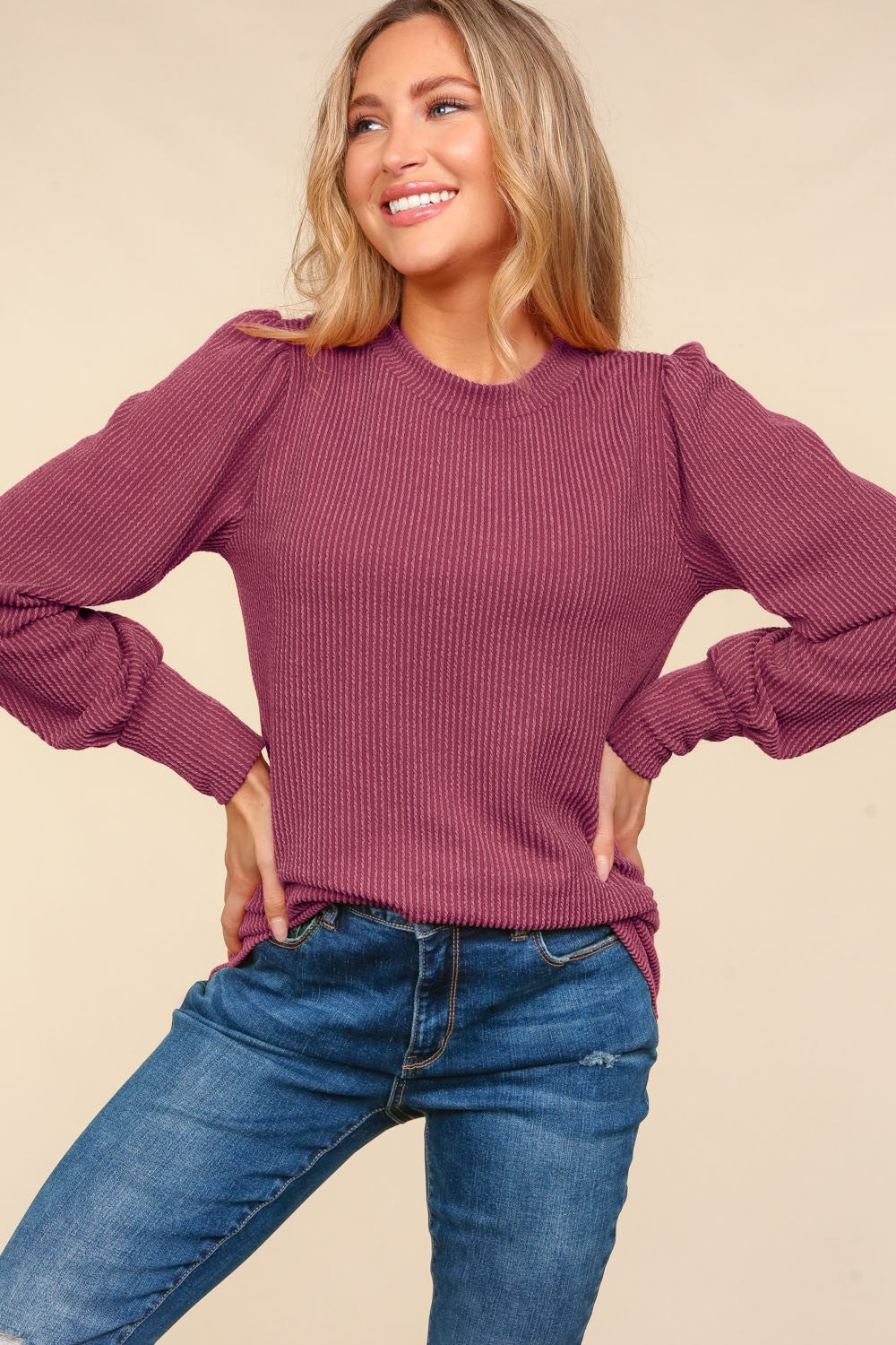 Solid Round Neck Washed Rib Knit Top - Wine(PREORDER)