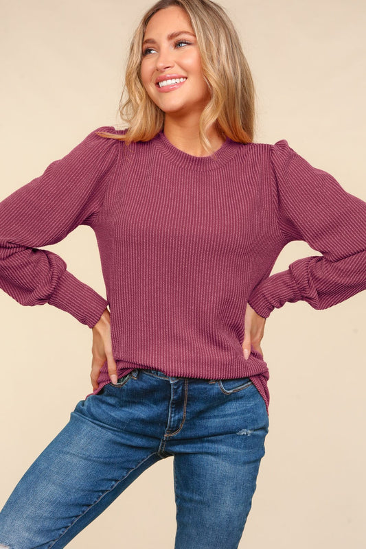 Solid Round Neck Washed Rib Knit Top - Wine(PREORDER)