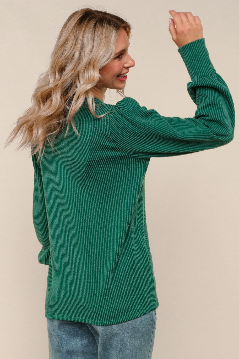 Solid Round Neck Washed Rib Knit Top - Hunter Green