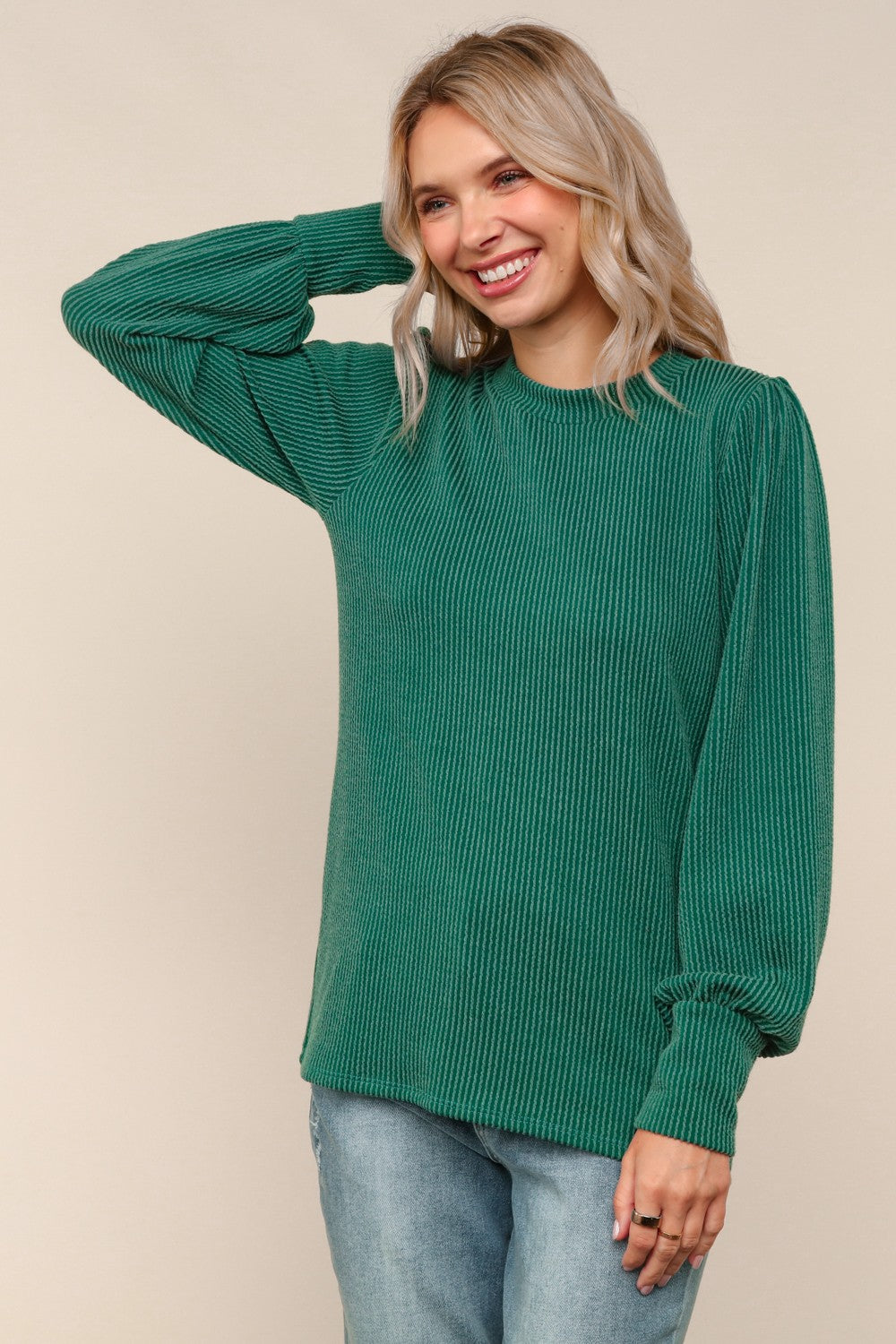 Solid Round Neck Washed Rib Knit Top - Hunter Green