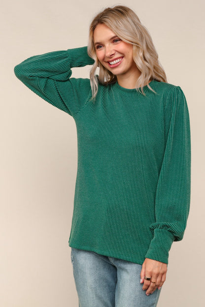 Solid Round Neck Washed Rib Knit Top - Hunter Green