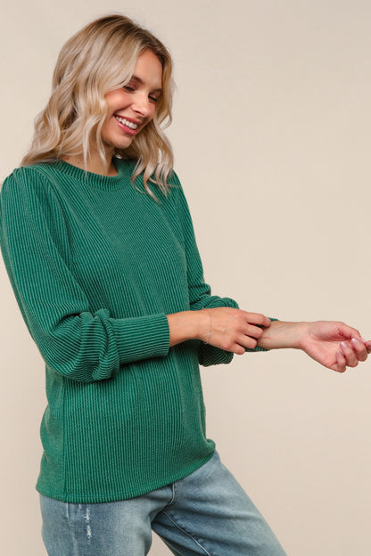 Solid Round Neck Washed Rib Knit Top - Hunter Green