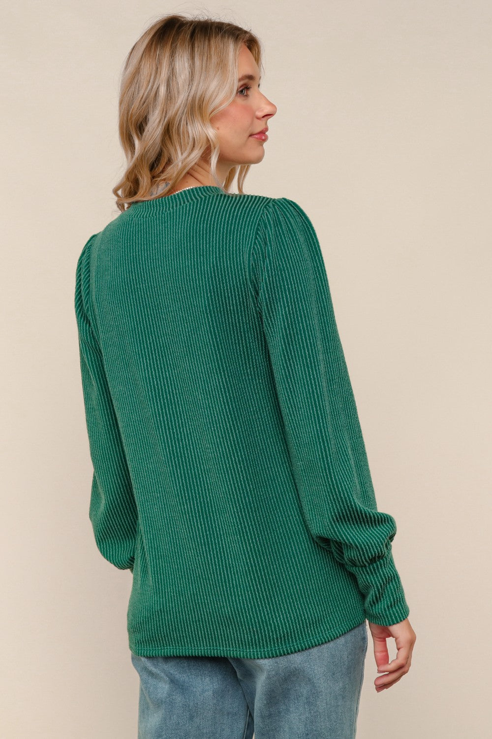 Solid Round Neck Washed Rib Knit Top - Hunter Green