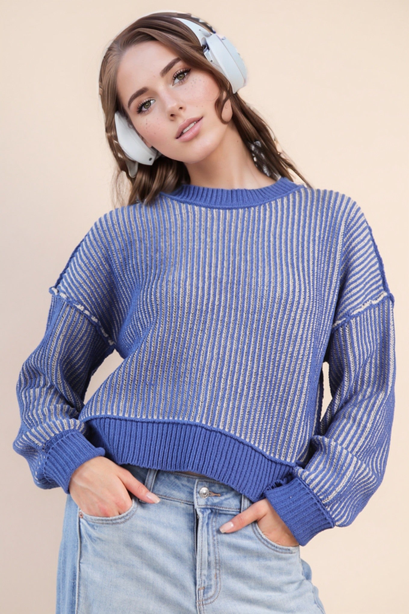 Two Tone Striped Casual Stripe Sweater Top