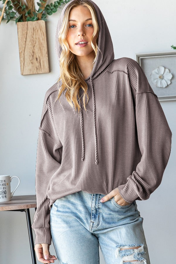 Long Sleeve Solid Urban Ribbed Hoodie Top PREORDER