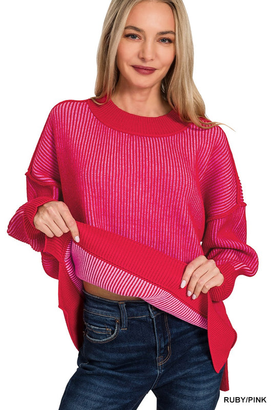 Exposed Seam Two Tone Sweater Ruby/Pink