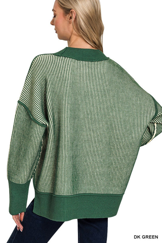 Exposed Seam Two Tone Sweater Dk Green