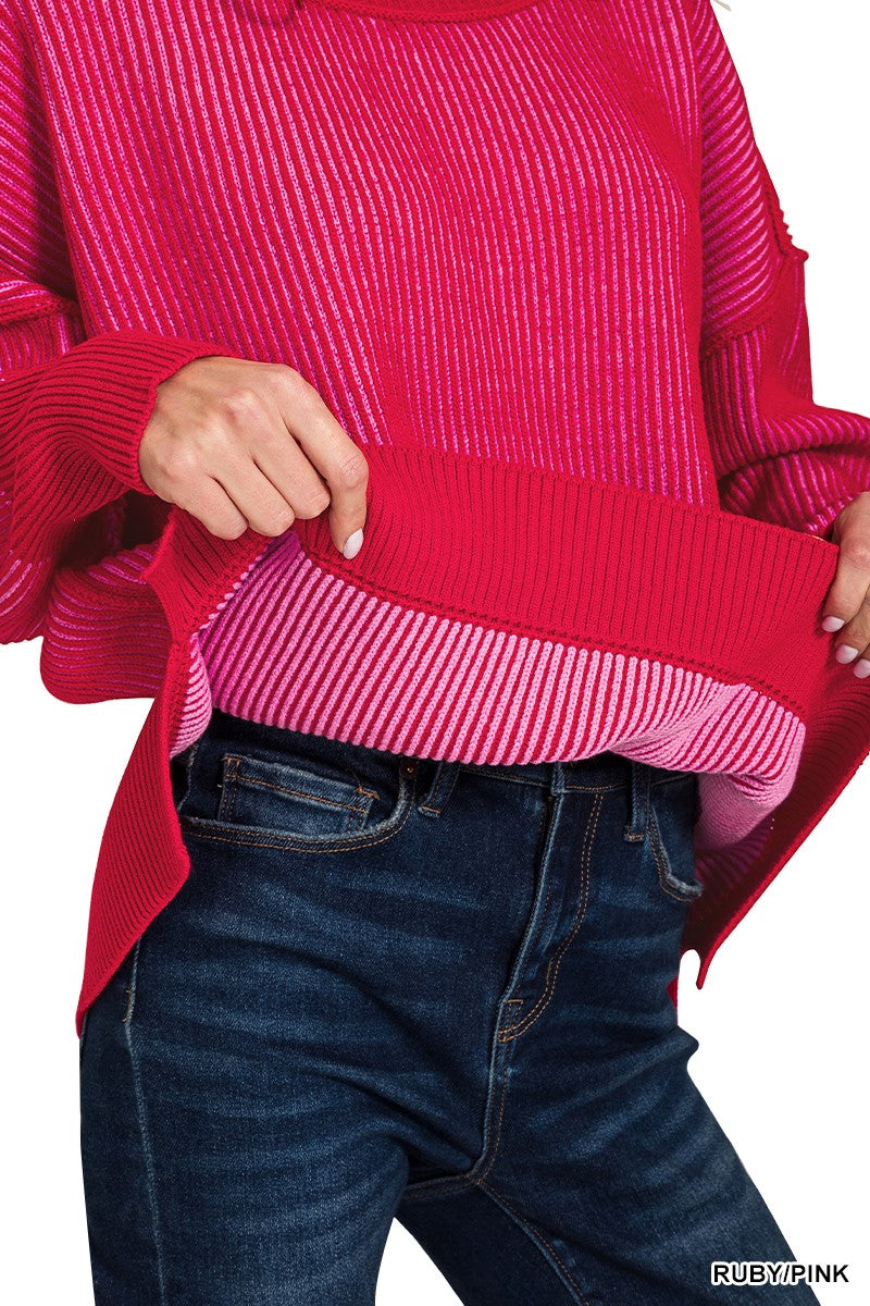 Exposed Seam Two Tone Sweater Ruby/Pink