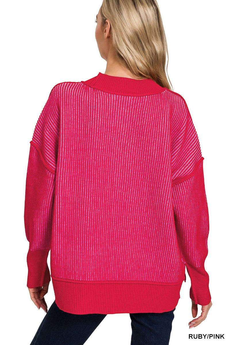 Exposed Seam Two Tone Sweater Ruby/Pink