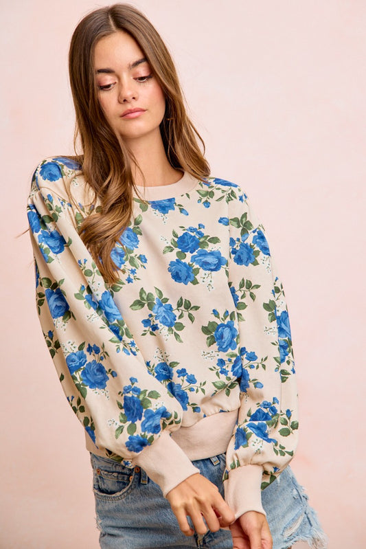 Rose Printed Terry Balloon Sleeves Pull Over Top Oatmeal/Blue PREORDER