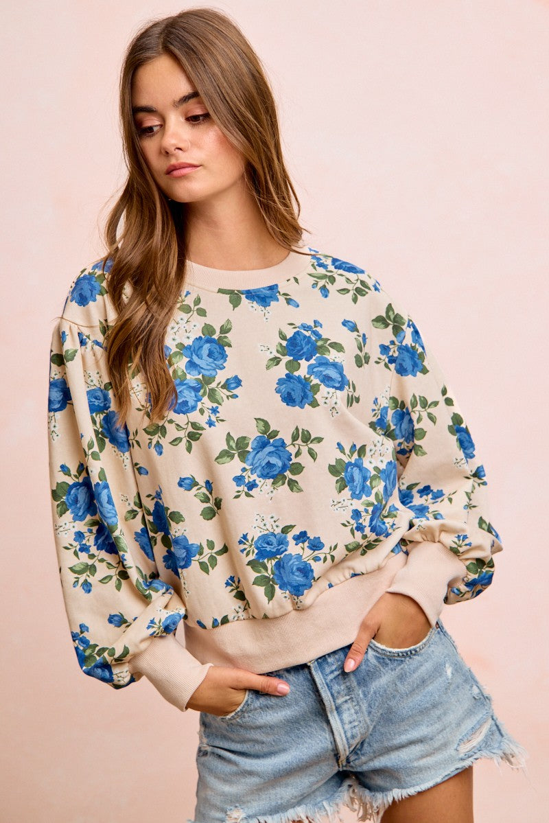 Rose Printed Terry Balloon Sleeves Pull Over Top Oatmeal/Blue PREORDER