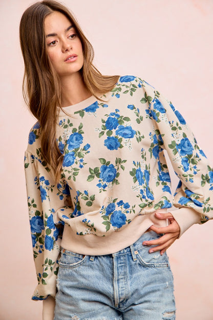 Rose Printed Terry Balloon Sleeves Pull Over Top Oatmeal/Blue PREORDER