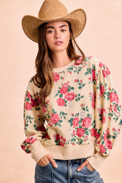 Rose Printed Terry Balloon Sleeves Pull Over Top Cream/Coral PREORDER