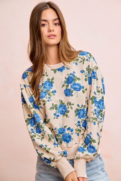 Rose Printed Terry Balloon Sleeves Pull Over Top Oatmeal/Blue PREORDER