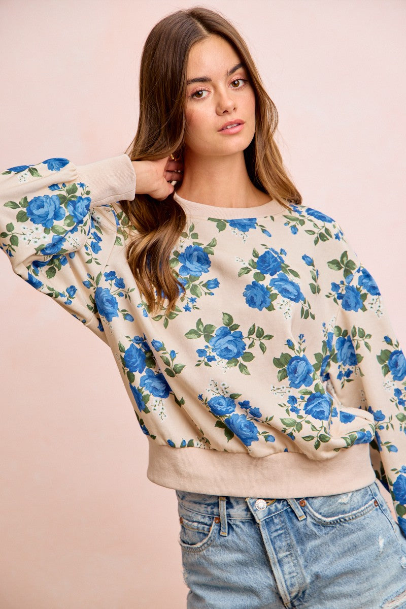 Rose Printed Terry Balloon Sleeves Pull Over Top Oatmeal/Blue PREORDER