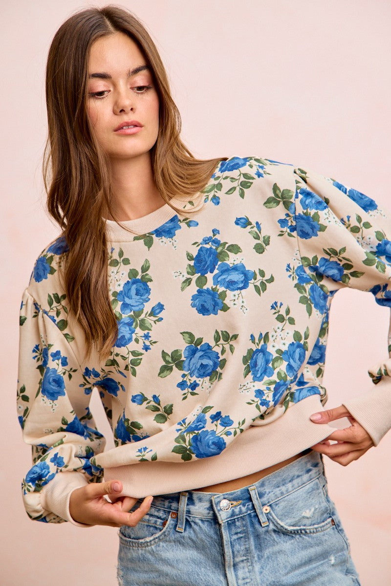 Rose Printed Terry Balloon Sleeves Pull Over Top Oatmeal/Blue PREORDER