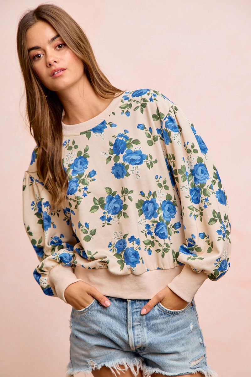 Rose Printed Terry Balloon Sleeves Pull Over Top Oatmeal/Blue PREORDER