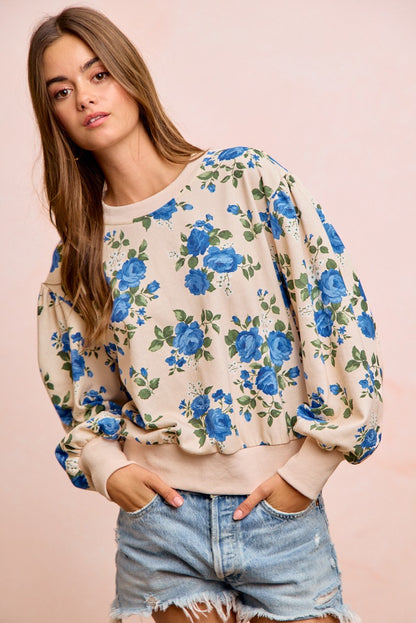 Rose Printed Terry Balloon Sleeves Pull Over Top Oatmeal/Blue PREORDER