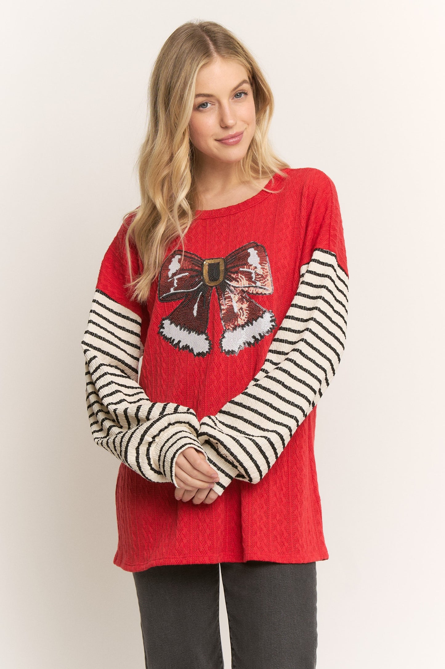 Solid And Stripe Top With Christmas Patch