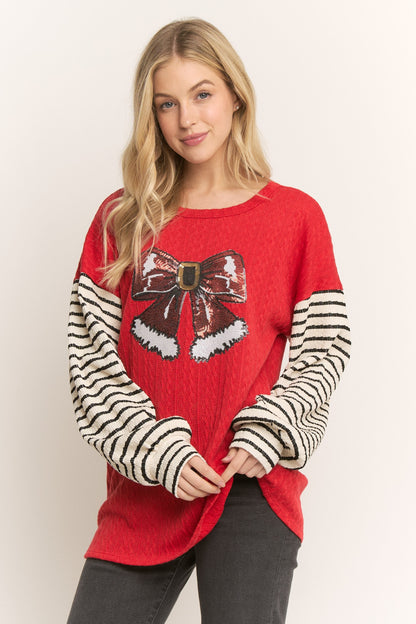 Solid And Stripe Top With Christmas Patch