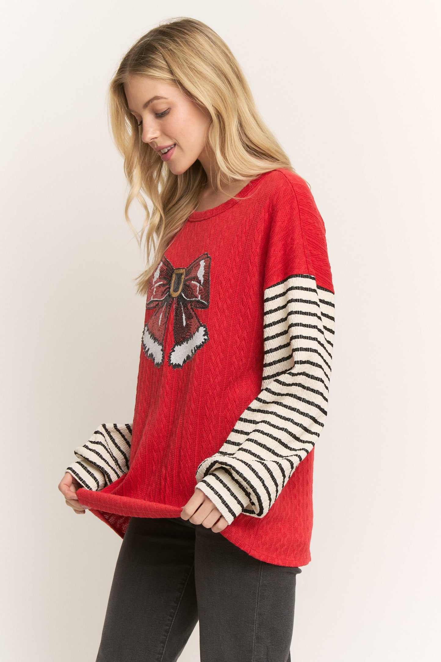Solid And Stripe Top With Christmas Patch