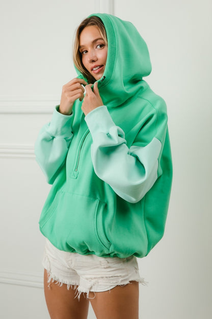 Color Block Elastic Hem Fleece Hoodie