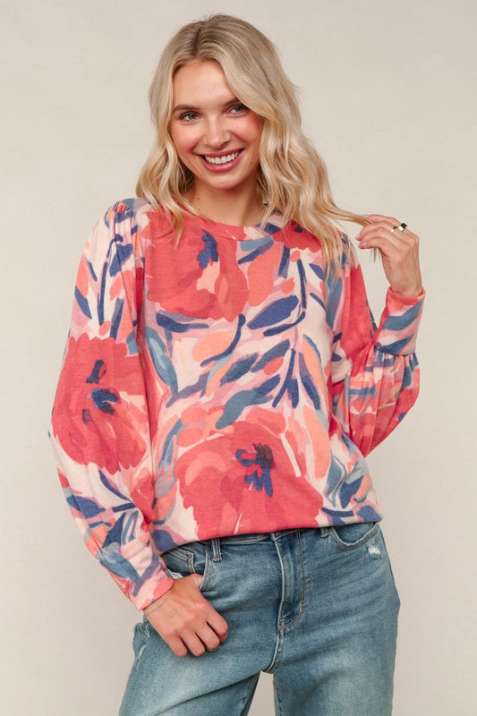Round Neck Ruff Floral Print Brushed Knit Top Blush/Red (PREORDER)