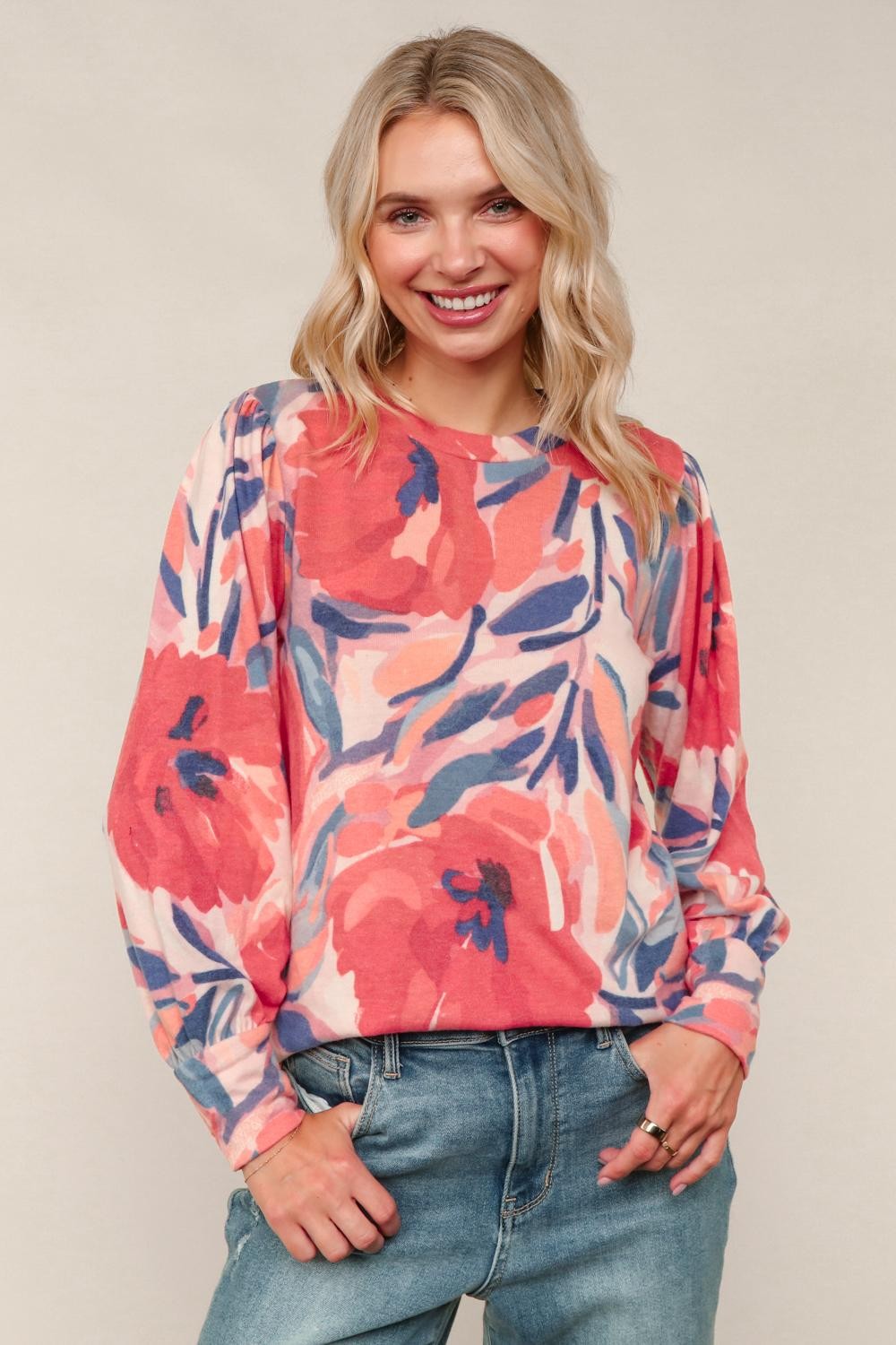 Round Neck Ruff Floral Print Brushed Knit Top Blush/Red (PREORDER)