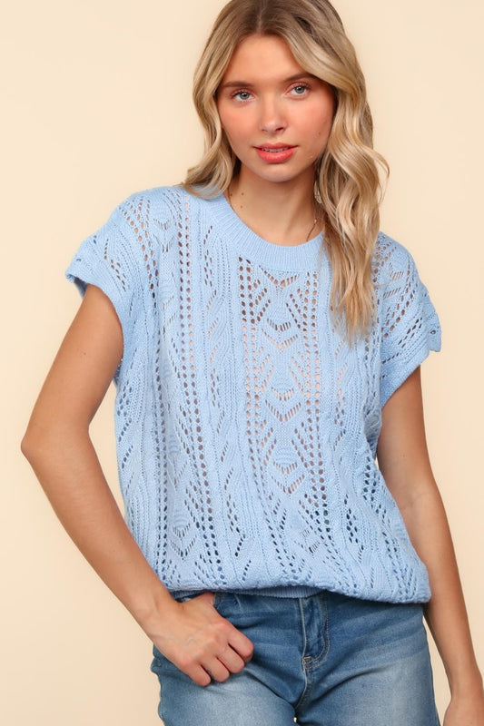 DOLMAN SHORT SLEEVE CROCHET SWEATER KNIT Lt Blue