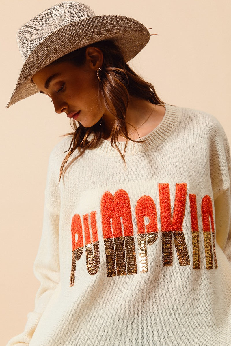 Contrast Sequin Pumpkin Slogan Sweater Top