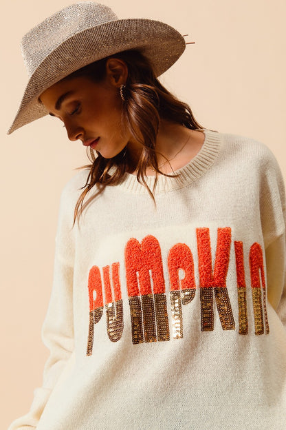 Contrast Sequin Pumpkin Slogan Sweater Top