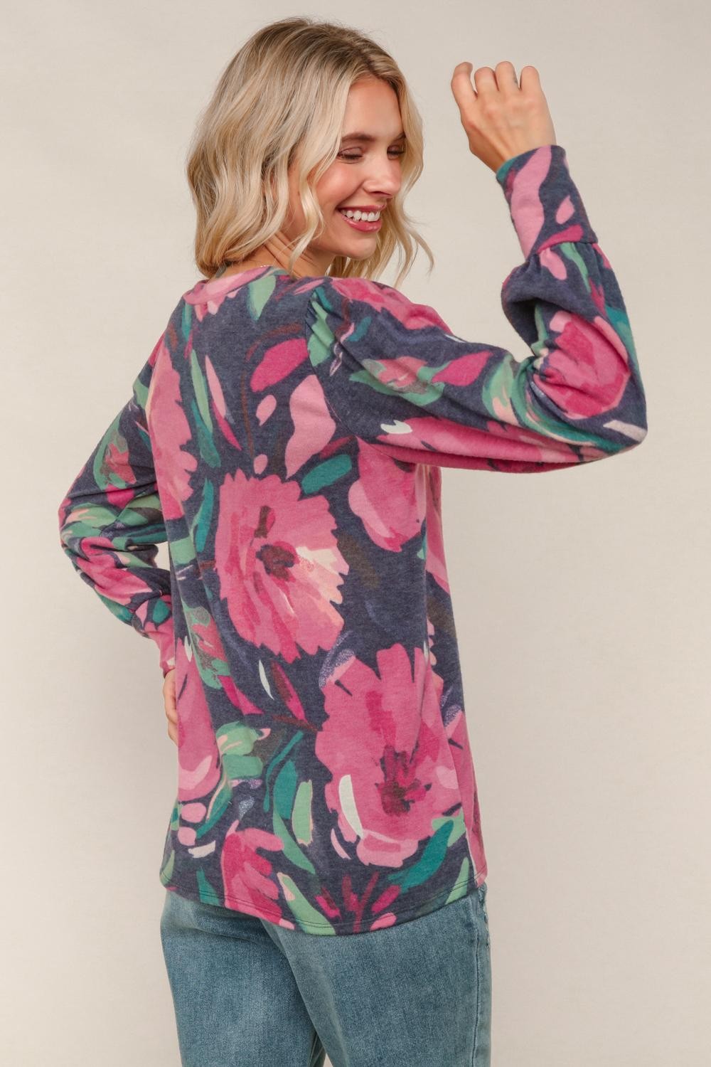 Round Neck Ruff Floral Print Brushed Knit Top Navy/Magenta (PREORDER)