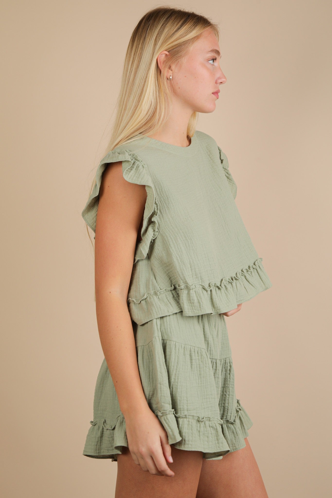 Ruffled Solid Woven Top & Shorts Set Sage