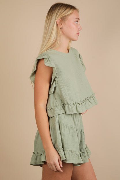 Ruffled Solid Woven Top & Shorts Set Sage