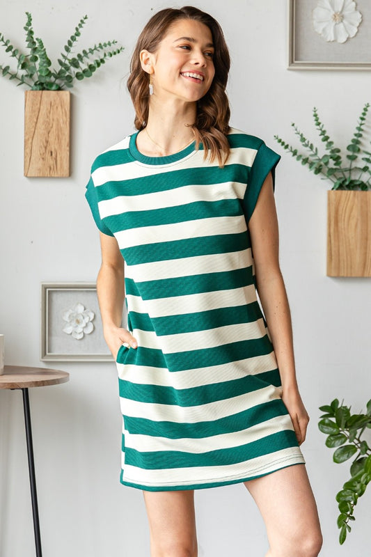 Bold Stripe Texture Knit Pullover Short Dress