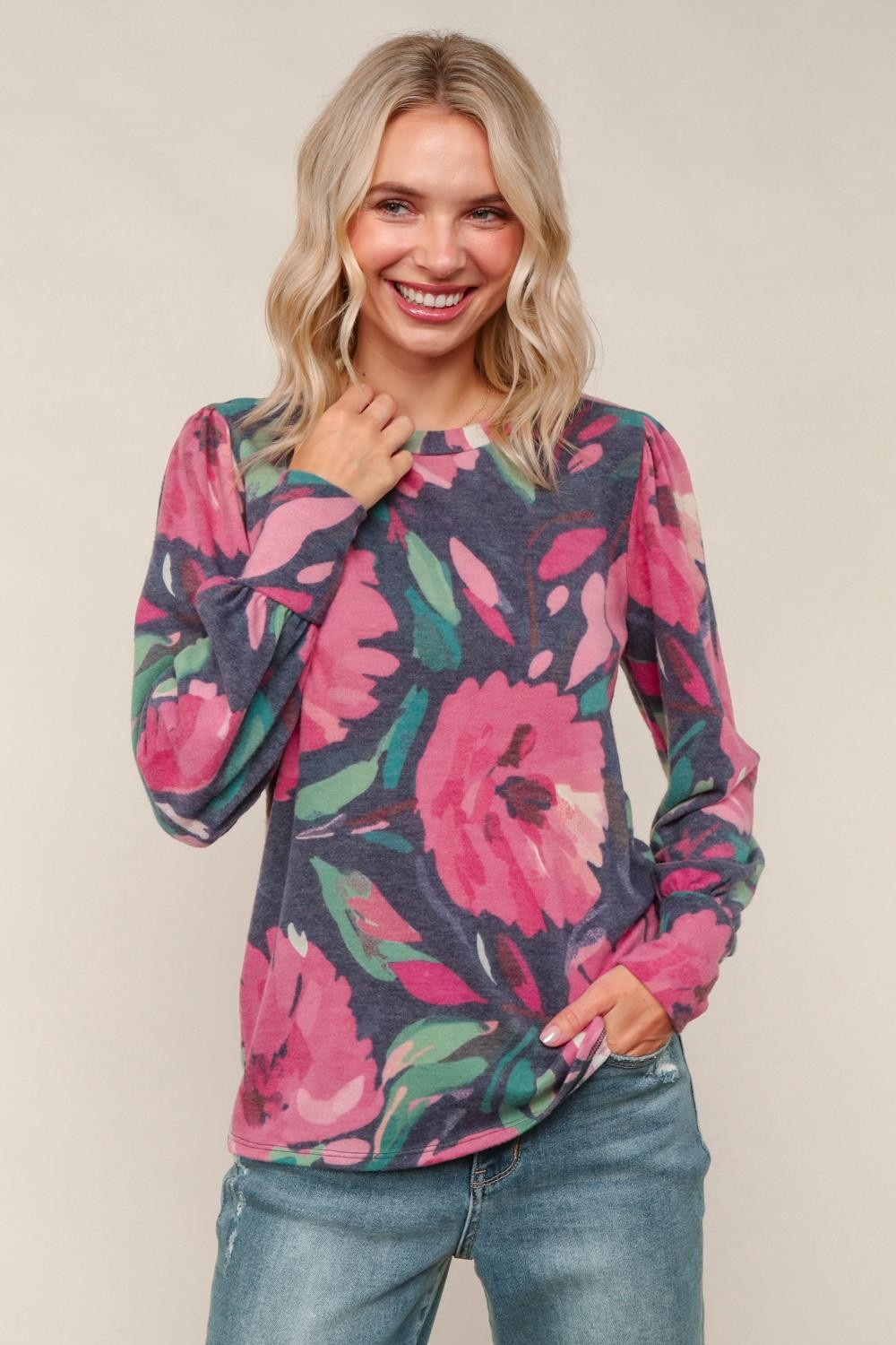 Round Neck Ruff Floral Print Brushed Knit Top Navy/Magenta (PREORDER)