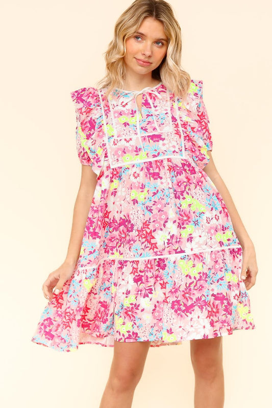 NOTCHED NECK BUBBLE SHORT SLEEVE FLORAL DRESS