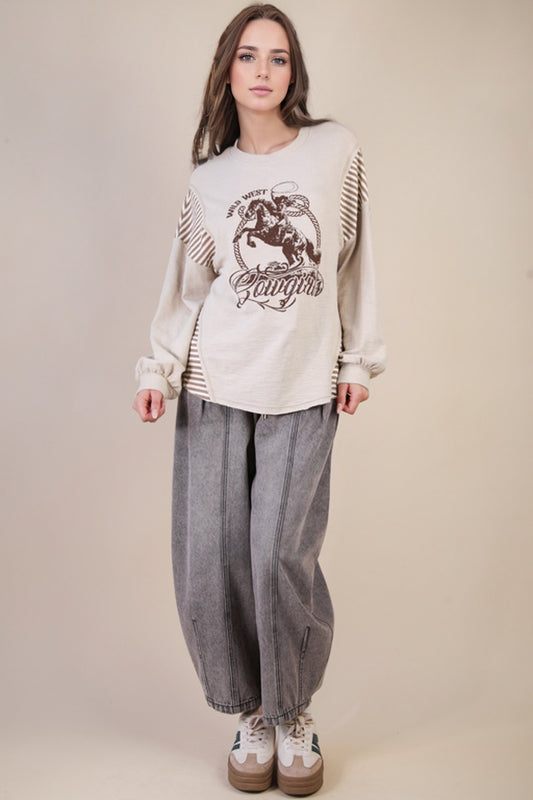 Oversized Mixed Media Western graphic Knit Top PREORDER