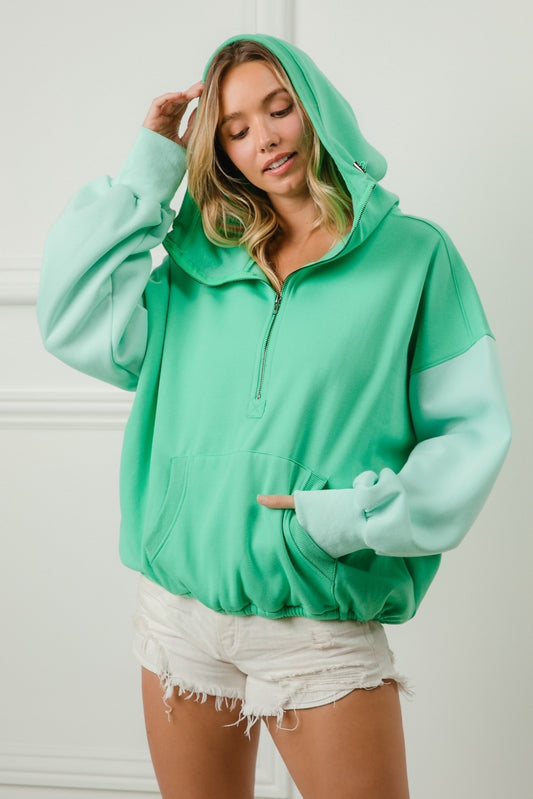 Color Block Elastic Hem Fleece Hoodie