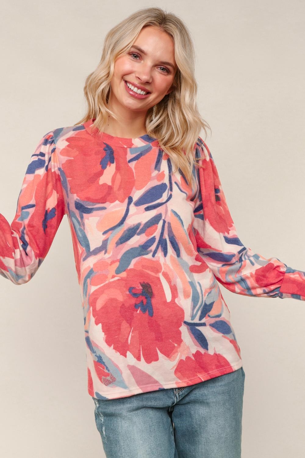 Round Neck Ruff Floral Print Brushed Knit Top Blush/Red (PREORDER)
