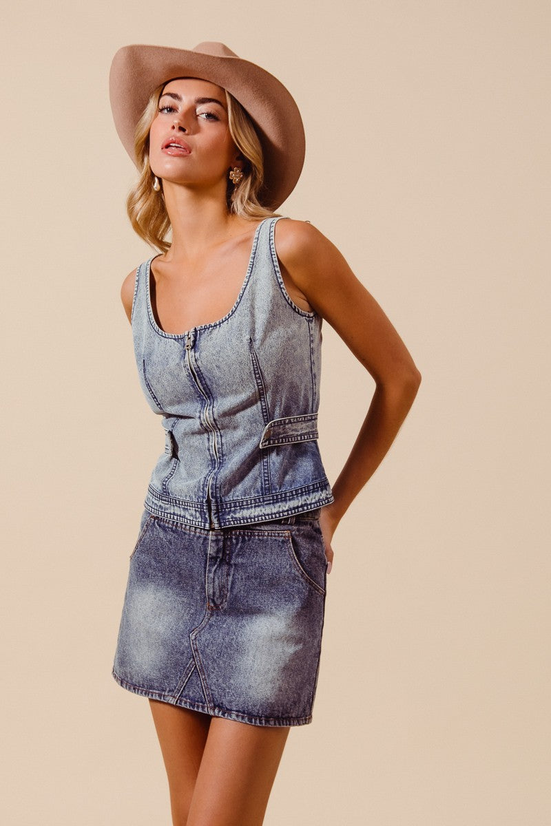 Zip Up Front Vintage Washed Denim Tank Top