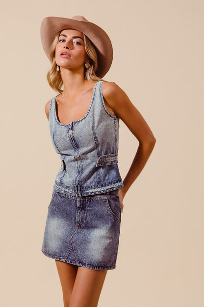 Zip Up Front Vintage Washed Denim Tank Top